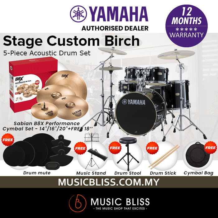 Yamaha Stage Custom Birch Shell Pack with Cymbal Set and Hardware Pack - 22" Kick - Raven Black