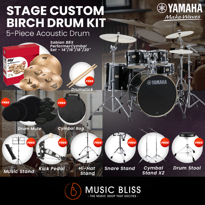 Yamaha Stage Custom Birch Shell Pack with Cymbal Set and Hardware Pack - 22" Kick - Raven Black