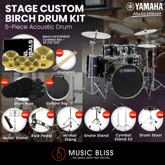 Yamaha Stage Custom Birch Shell Pack with Cymbal Set and Hardware Pack - 22" Kick - Raven Black