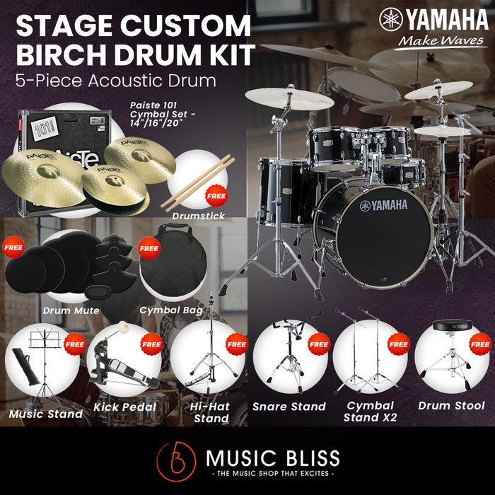 Yamaha Stage Custom Birch Shell Pack with Cymbal Set and Hardware Pack - 22" Kick - Raven Black