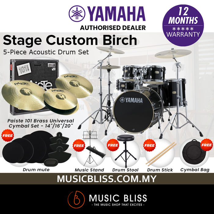 Yamaha Stage Custom Birch Shell Pack with Cymbal Set and Hardware Pack - 22" Kick - Raven Black