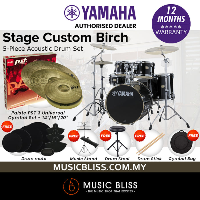 Yamaha Stage Custom Birch Shell Pack with Cymbal Set and Hardware Pack - 22" Kick - Raven Black