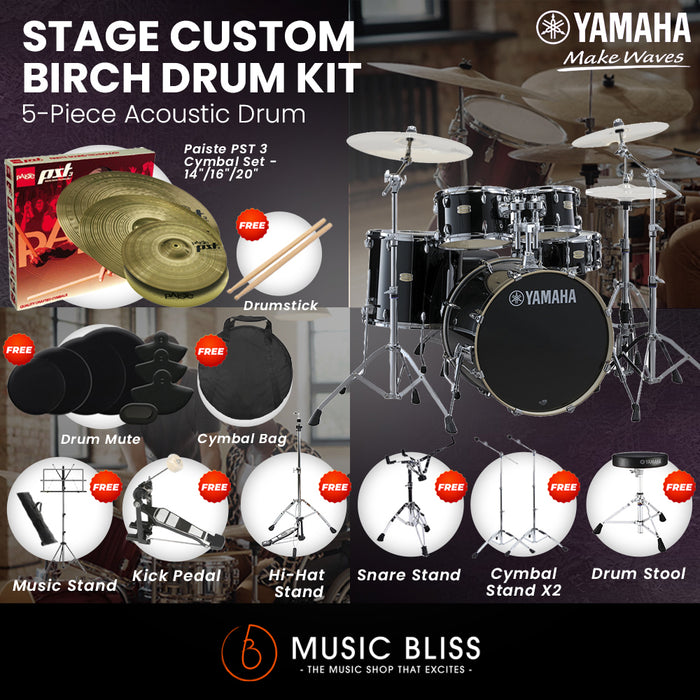 Yamaha Stage Custom Birch Shell Pack with Cymbal Set and Hardware Pack - 22" Kick - Raven Black