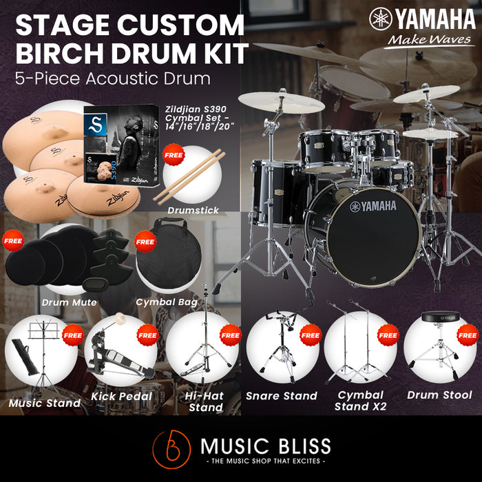 Yamaha Stage Custom Birch Shell Pack with Cymbal Set and Hardware Pack - 22" Kick - Raven Black