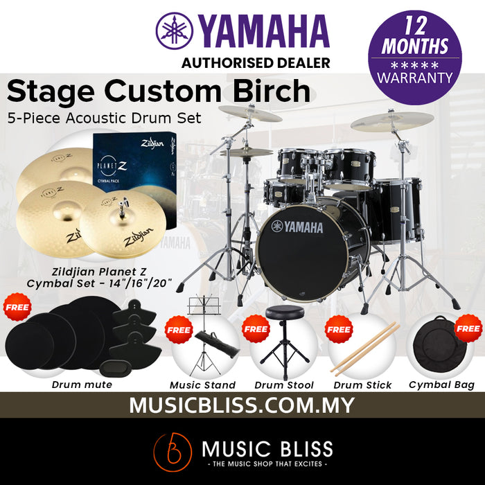 Yamaha Stage Custom Birch Shell Pack with Cymbal Set and Hardware Pack - 22" Kick - Raven Black