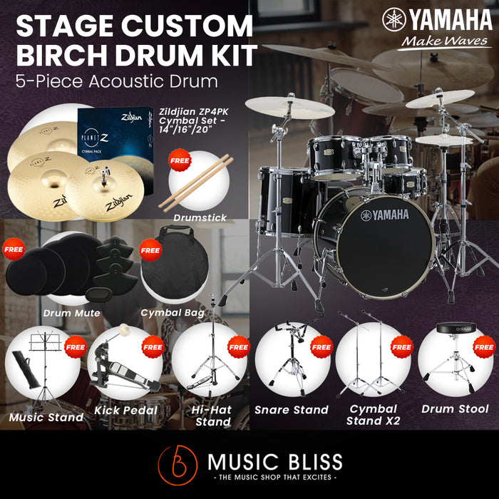 Yamaha Stage Custom Birch Shell Pack with Cymbal Set and Hardware Pack - 22" Kick - Raven Black