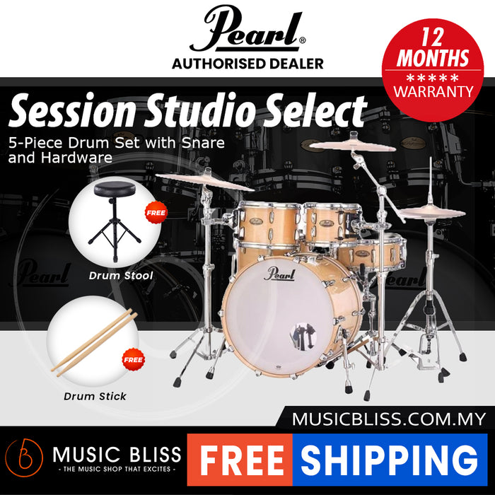 Pearl Session Studio Select 4-Piece Drum Set with Snare and Hardware, Drumstick and Throne - 22 Inch Bass Drum - High Glos Natural Birch