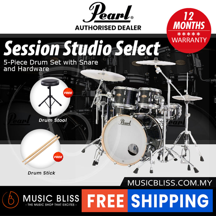 Pearl Session Studio Select 4-Piece Drum Set with Snare and Hardware, Drumstick and Throne - 22 Inch Bass Drum - Black Halo Glitter
