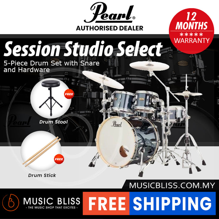 Pearl Session Studio Select 4-Piece Drum Set with Snare and Hardware, Drumstick and Throne - 22 Inch Bass Drum - Black Mirror Chrome