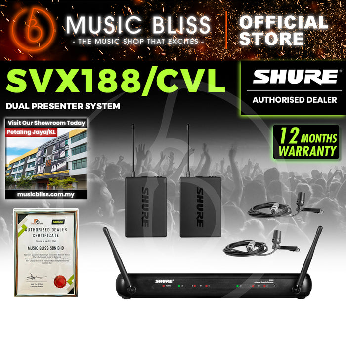 Shure SVX188/CVL Dual Lavalier Wireless Microphone System, SVX88 Dual Diversity Receiver, SVX1 Bodypack Transmitter & CVL Centraverse Lavalier Condenser Microphone