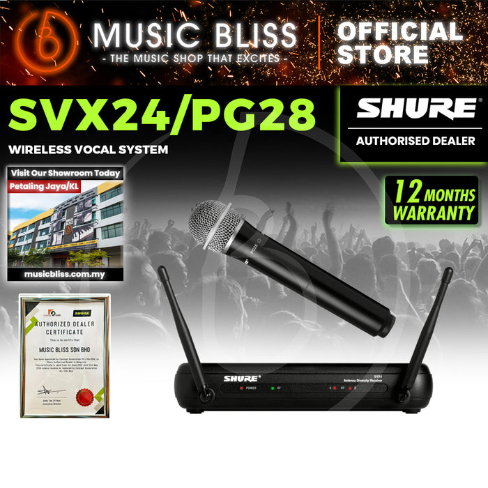 Shure SVX24/PG28 Handheld Wireless Microphone System, SVX4 Diversity Receiver, SVX2 Handheld Transmitter & PG28 Microphone
