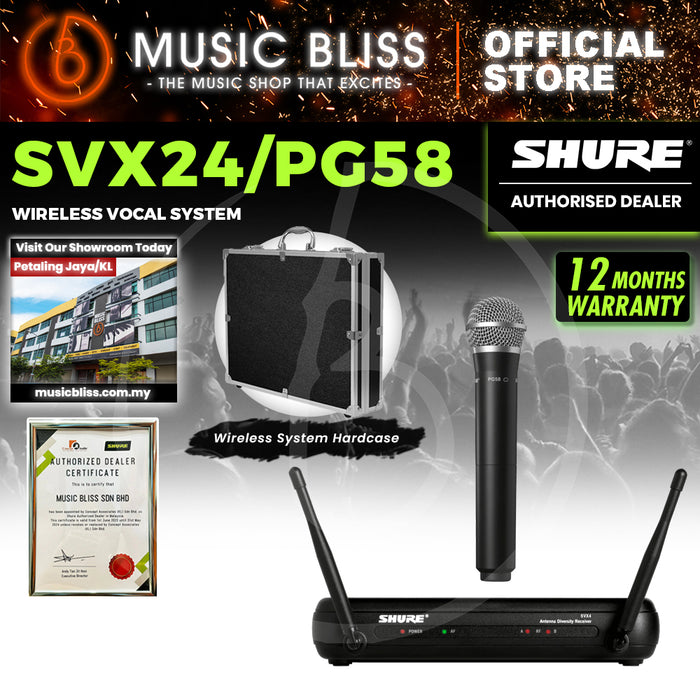Shure SVX24/PG58 Wireless Vocal System, SVX4 Diversity Receiver, SVX2 Handheld Transmitter & PG58 Handheld Microphone