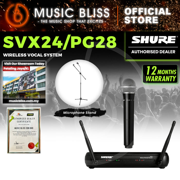 Shure SVX24/PG28 Handheld Wireless Microphone System, SVX4 Diversity Receiver, SVX2 Handheld Transmitter & PG28 Microphone