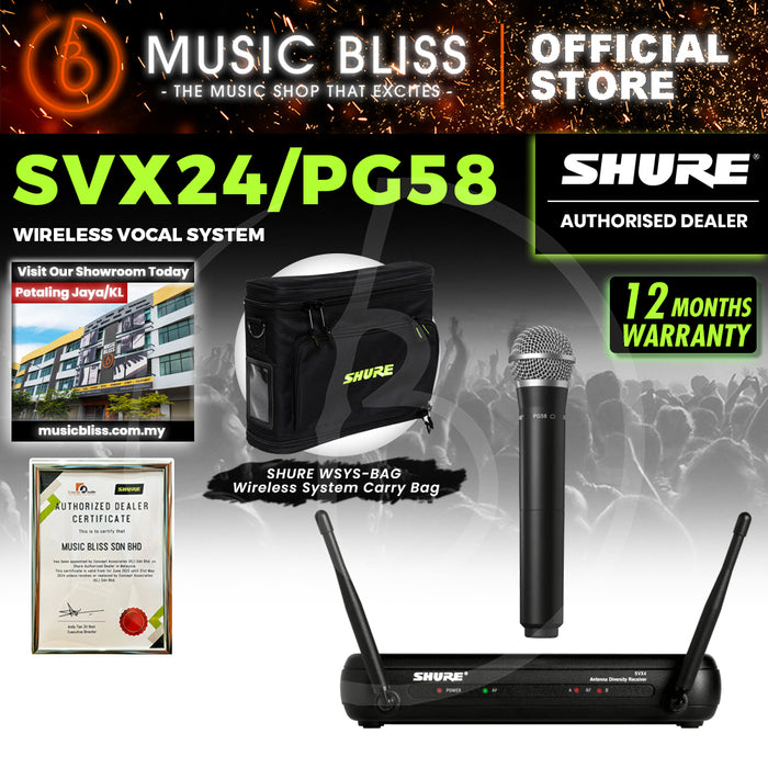 Shure SVX24/PG58 Wireless Vocal System, SVX4 Diversity Receiver, SVX2 Handheld Transmitter & PG58 Handheld Microphone