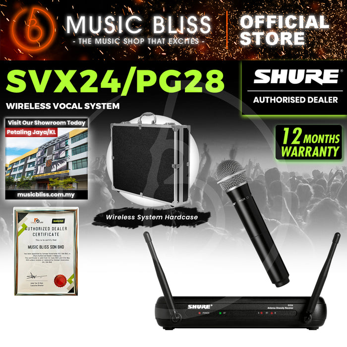 Shure SVX24/PG28 Handheld Wireless Microphone System, SVX4 Diversity Receiver, SVX2 Handheld Transmitter & PG28 Microphone