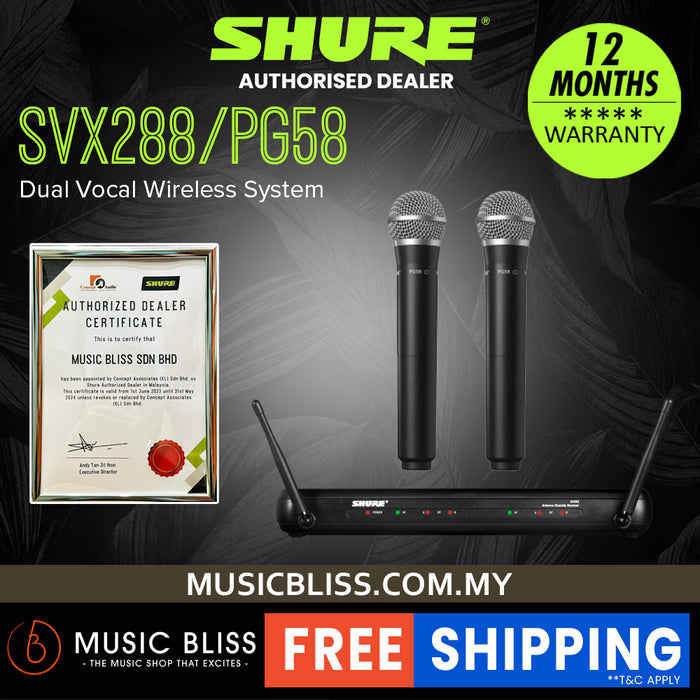 Shure SVX288/PG58 Dual Vocal Wireless System, SVX88 Dual Diversity Receiver & Dual PG58 Handheld Microphone