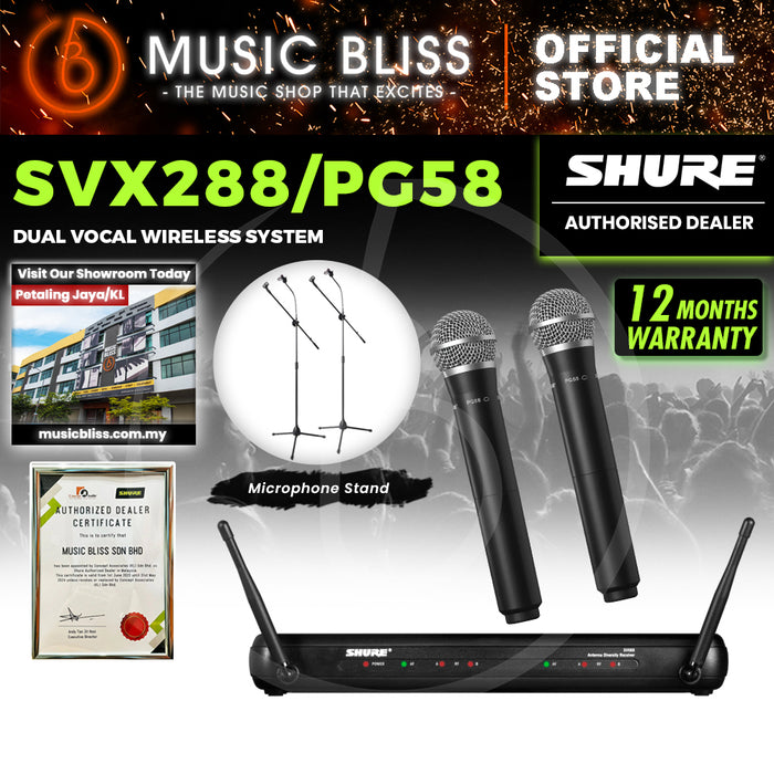 Shure SVX288/PG58 Dual Vocal Wireless System, SVX88 Dual Diversity Receiver & Dual PG58 Handheld Microphone