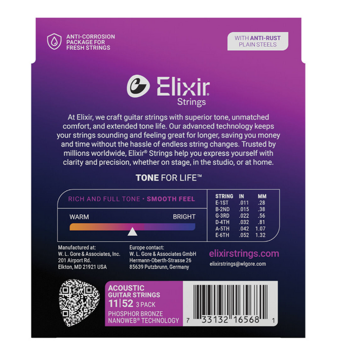 Elixir 16568 Nanoweb Phosphor Bronze 11-52 Acoustic Guitar Strings 3 Pack