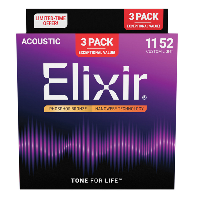 Elixir 16568 Nanoweb Phosphor Bronze 11-52 Acoustic Guitar Strings 3 Pack