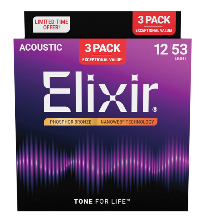 Elixir 16569 Nanoweb Phosphor Bronze 12-53 Acoustic Guitar Strings 3 Pack