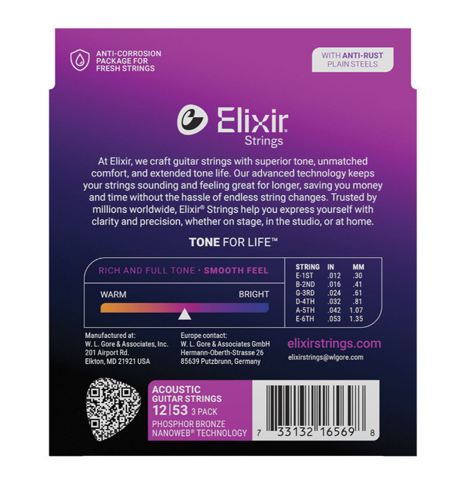 Elixir 16569 Nanoweb Phosphor Bronze 12-53 Acoustic Guitar Strings 3 Pack