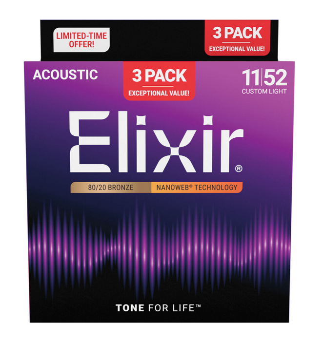 Elixir 16564 Nanoweb 80/20 11-52 Acoustic Guitar Strings 3 Pack