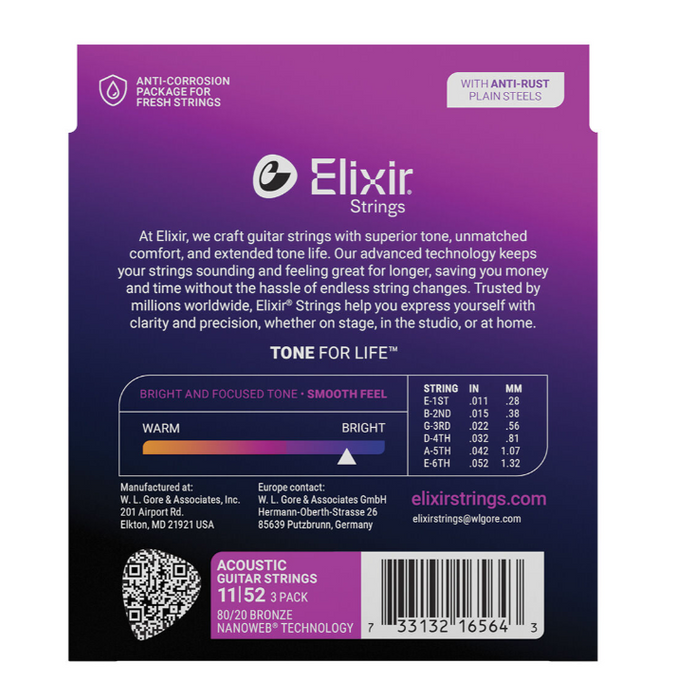Elixir 16564 Nanoweb 80/20 11-52 Acoustic Guitar Strings 3 Pack