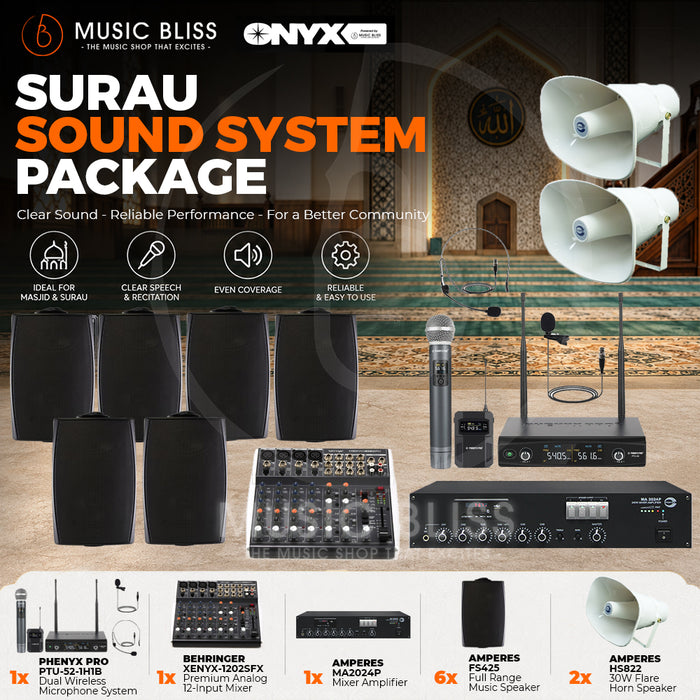Sound System for Surau with Amperes MA2024P Mixer Amplifier, FS425 Speaker, HS822 Horn Speaker, Behringer 1202SFX Mixer and Phenyx PTU-52-1H1B Dual Wireless Microphone System