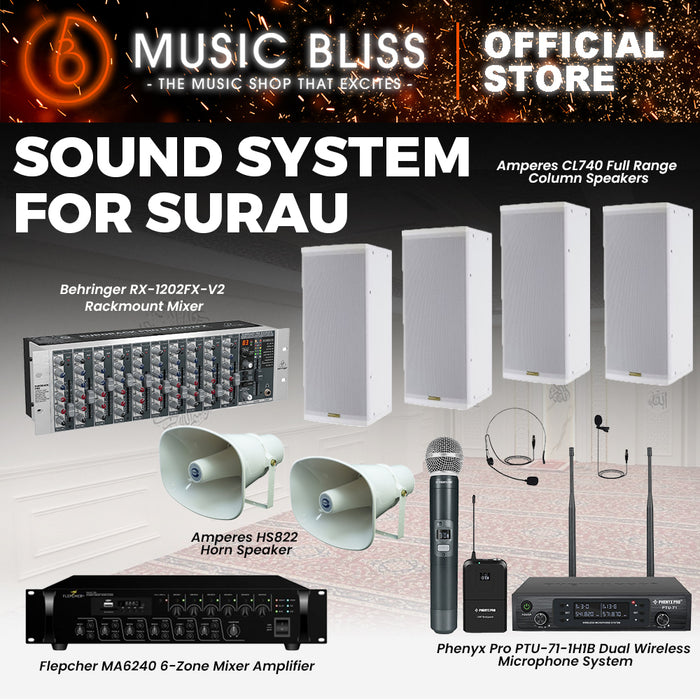 Sound System for Surau with Flepcher MA6240 Mixer Amplifier, Amperes CL740 Speaker and HS822 Horn Speaker, Behringer RX-1202FX-V2 Mixer and Phenyx PTU-71-1H1B Dual Wireless Microphone System