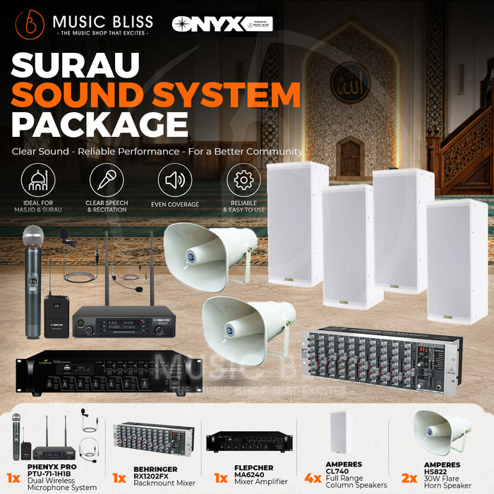 Sound System for Surau with Flepcher MA6240 Mixer Amplifier, Amperes CL740 Speaker and HS822 Horn Speaker, Behringer RX-1202FX-V2 Mixer and Phenyx PTU-71-1H1B Dual Wireless Microphone System