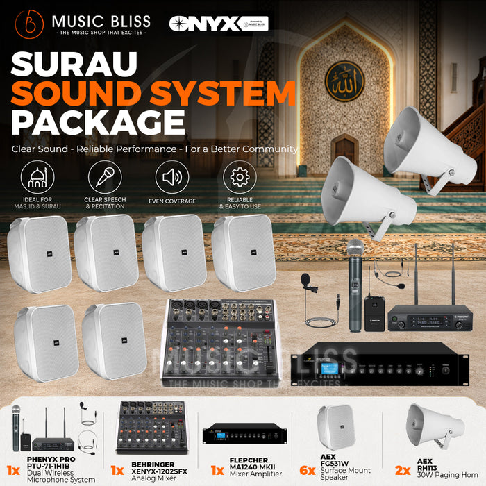 Sound System for Surau with Flepcher MA1240 MKII Mixer Amplifier, AEX FG531W Speaker, RH113 Paging Horn, Behringer XENYX-1202SFX Mixer and Phenyx PTU-71-1H1B Dual Wireless Microphone System