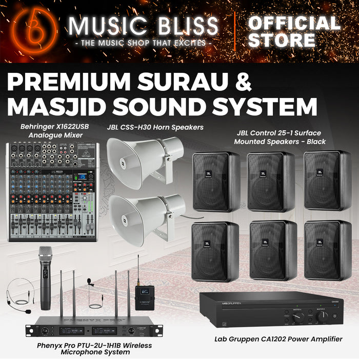 Premium Surau & Masjid Sound System with Lab Gruppen CA1202 Power Amplifier, JBL Control 25-1 Speaker, CSS-H30 Horn Speaker, Behringer X1622USB Mixer and Phenyx PTU-2U-1H1B Wireless Microphone System