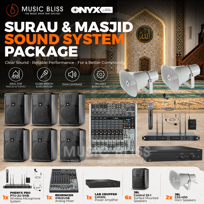 Premium Surau & Masjid Sound System with Lab Gruppen CA1202 Power Amplifier, JBL Control 25-1 Speaker, CSS-H30 Horn Speaker, Behringer X1622USB Mixer and Phenyx PTU-2U-1H1B Wireless Microphone System