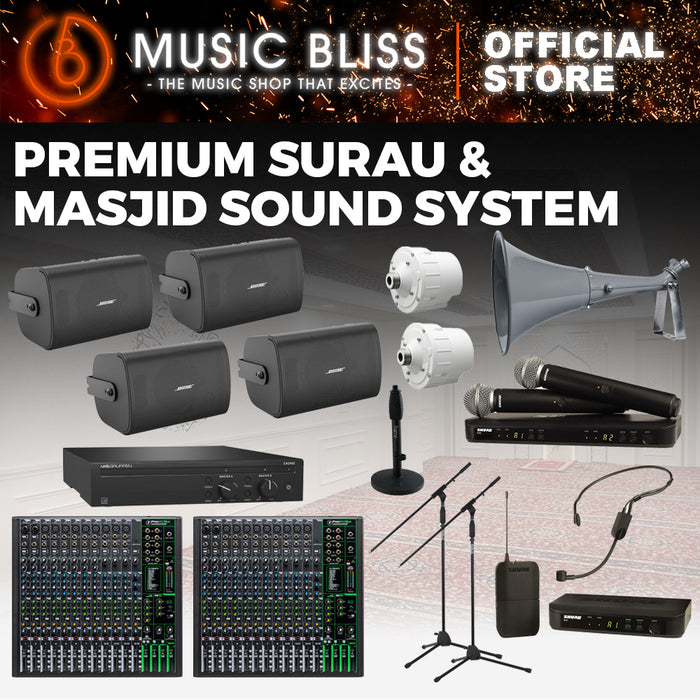Premium Surau & Masjid Sound System with Lab Gruppen CA2402 Power Amplifier, Bose FS4SE Speakers, TOA DH-502 Horn Speaker, Mackie ProFX16v3 Mixer and Shure Wireless Microphone System