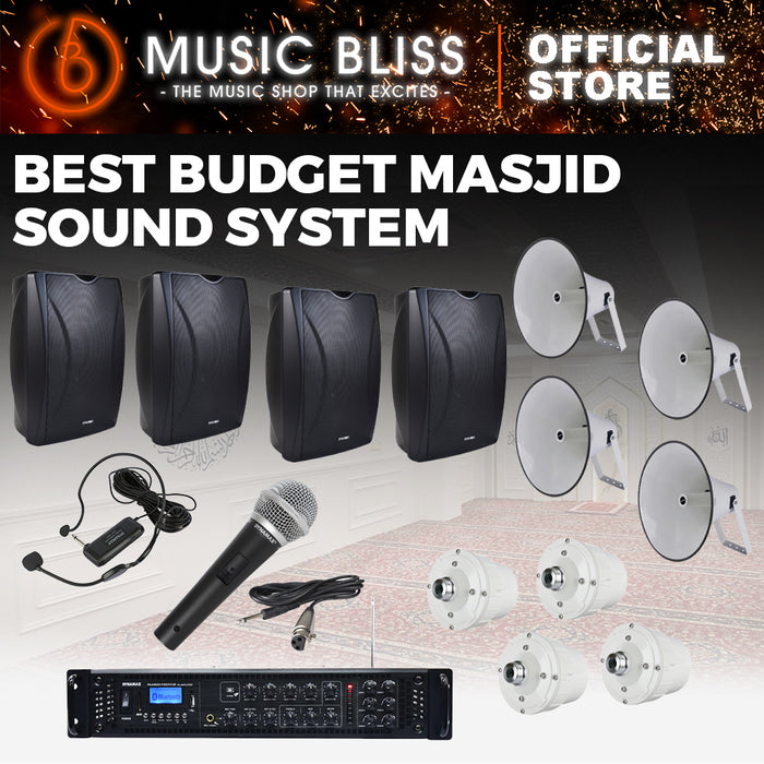 Budget Masjid Sound System with Dynamax BS654 Wall Mount Speakers and PV350VUB Mixer Amplifier, EM137 Headset and DM910 Wired Microphone