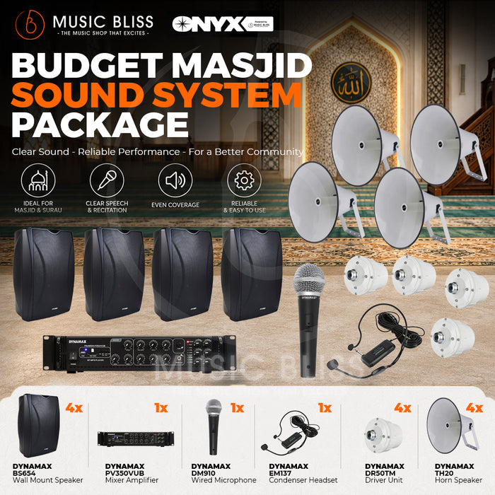 Budget Masjid Sound System with Dynamax BS654 Wall Mount Speakers and PV350VUB Mixer Amplifier, EM137 Headset and DM910 Wired Microphone