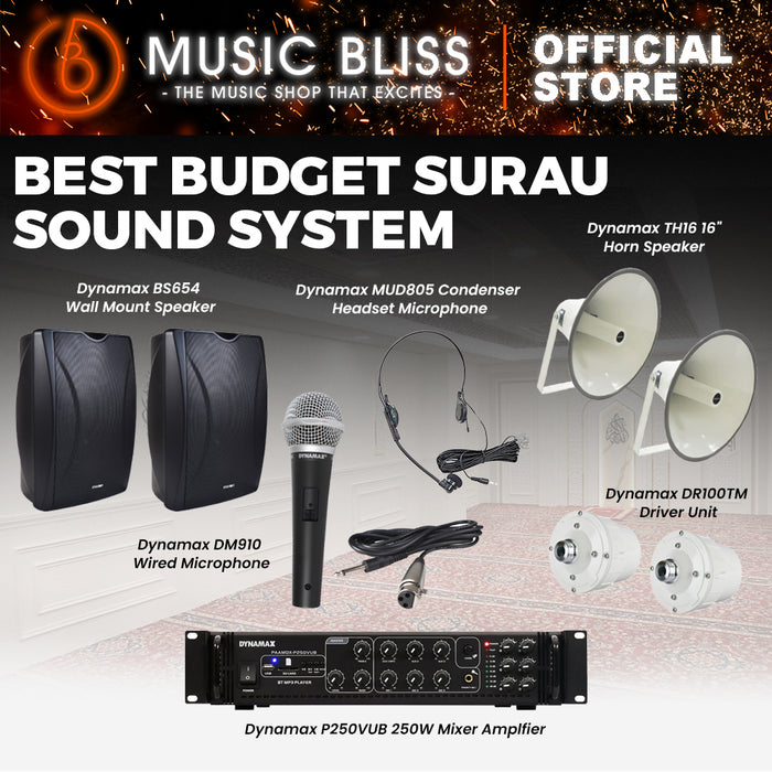 Budget Surau Sound System with Dynamax BS654 Wall Mount Speakers and P250VUB Mixer Amplifier, MUD805 Headset and DM910 Wired Microphone