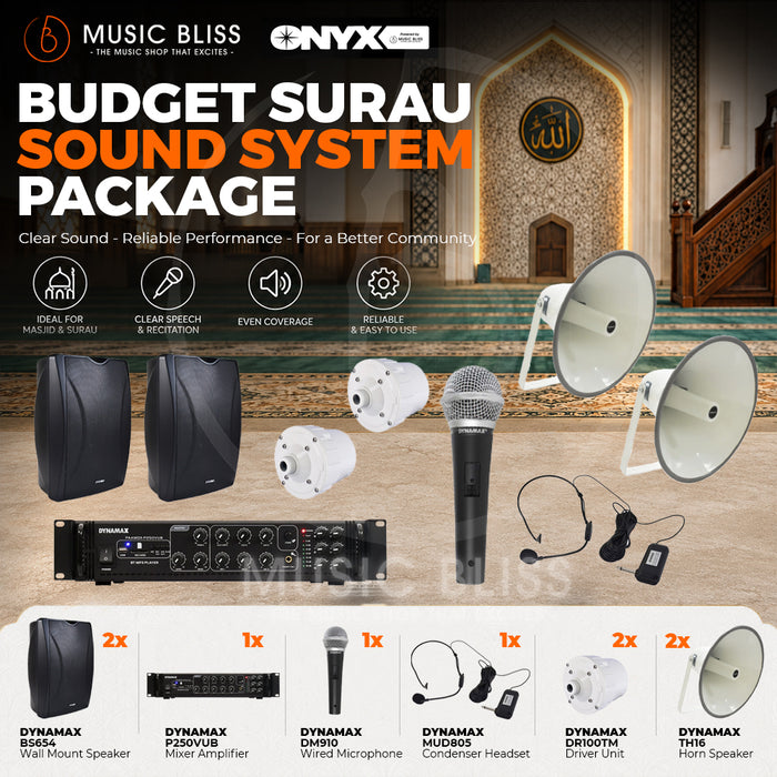 Budget Surau Sound System with Dynamax BS654 Wall Mount Speakers and P250VUB Mixer Amplifier, MUD805 Headset and DM910 Wired Microphone