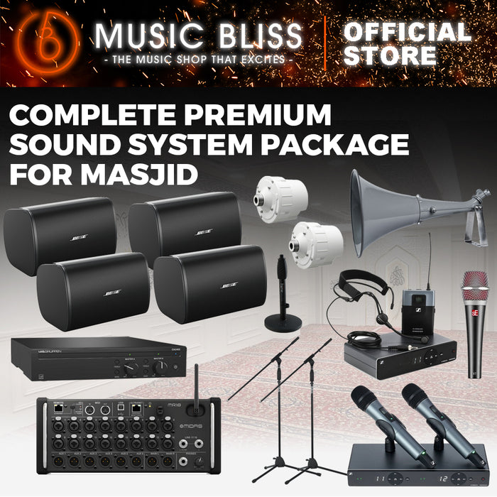 Complete Premium Sound System Package for Masjid with Midas MR18 Digital Mixer, Lab Gruppen CA2402 Power Amp, Bose DM5SE Speakers, sE Elecrtronics V7 Wired Microphone, Sennheiser Wireless Mic System and Gator Mic Stands