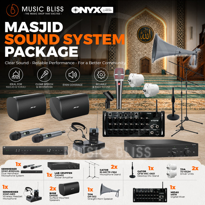 Complete Premium Sound System Package for Masjid with Midas MR18 Digital Mixer, Lab Gruppen CA2402 Power Amp, Bose DM5SE Speakers, sE Elecrtronics V7 Wired Microphone, Sennheiser Wireless Mic System and Gator Mic Stands