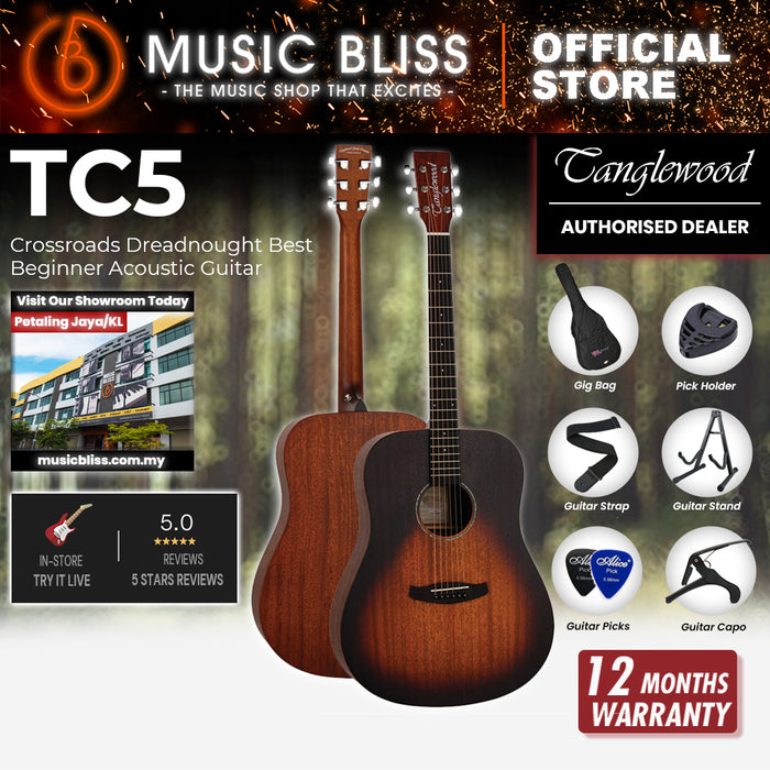 Tanglewood TC5 Crossroads Dreadnought Best Beginner Acoustic Guitar for Starters, Whiskey Burst