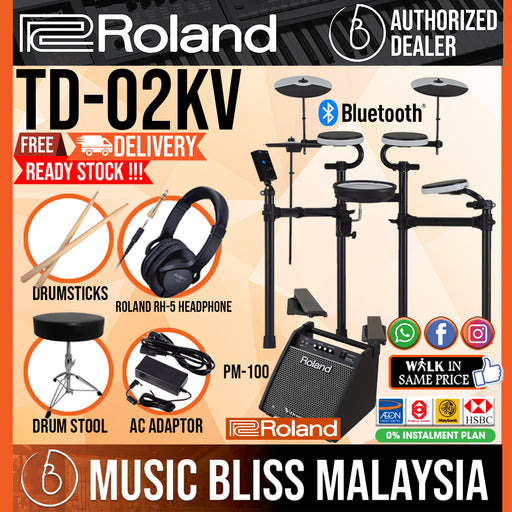 Roland TD-02KV V-Drums Electronic Drum Set with RH-5 Headphone, Drum Throne and Drumsticks - Music Bliss Malaysia