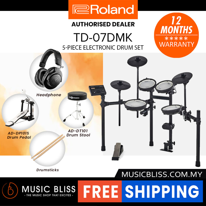 Roland V-Drums TD-07DMK Electronic Drum Set with RH-5 Headphone, Kick Pedal, Throne and Drumsticks