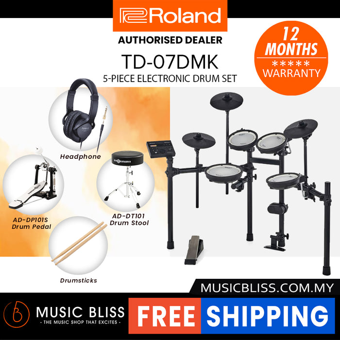 Roland V-Drums TD-07DMK Electronic Drum Set with RH-5 Headphone, Kick Pedal, Throne and Drumsticks