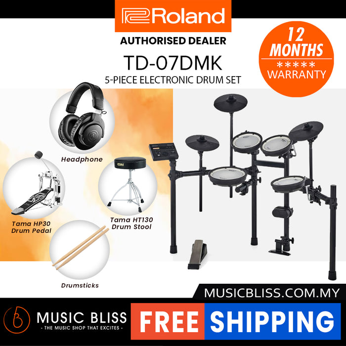Roland V-Drums TD-07DMK Electronic Drum Set with RH-5 Headphone, Kick Pedal, Throne and Drumsticks
