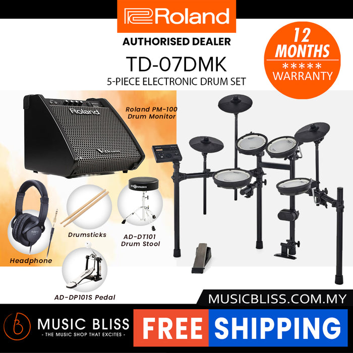 Roland V-Drums TD-07DMK Electronic Drum Set with RH-5 Headphone, Kick Pedal, Throne and Drumsticks