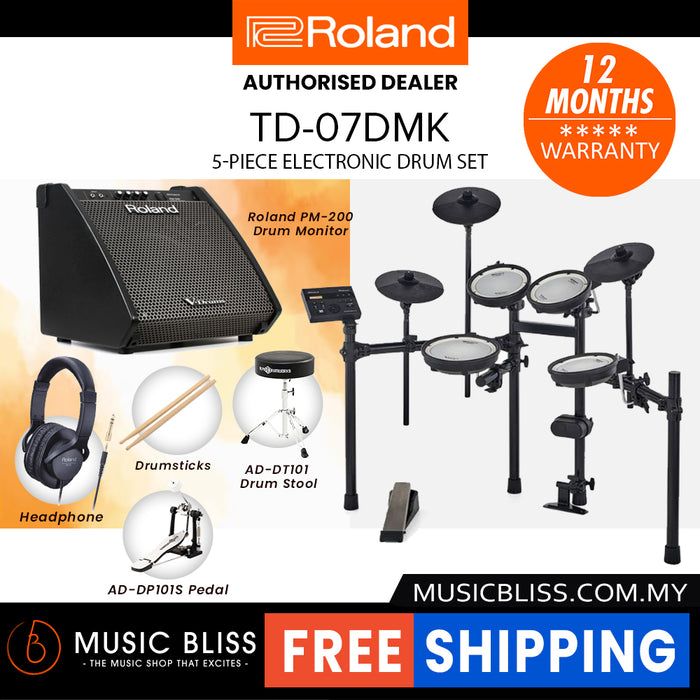 Roland V-Drums TD-07DMK Electronic Drum Set with RH-5 Headphone, Kick Pedal, Throne and Drumsticks