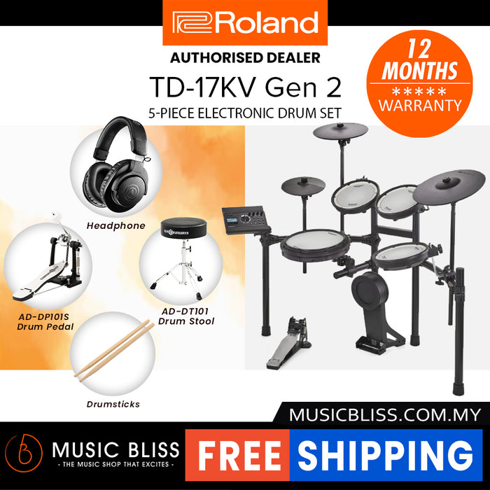 Roland TD-17KV Gen 2 V-Drums Digital Drum Electronic Drum with RH-5 Headphone, Kick Pedal, Drum Throne and Drumsticks