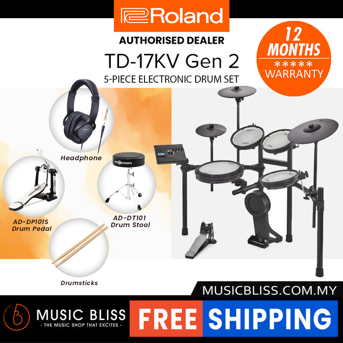 Roland TD-17KV Gen 2 V-Drums Digital Drum Electronic Drum with RH-5 Headphone, Kick Pedal, Drum Throne and Drumsticks