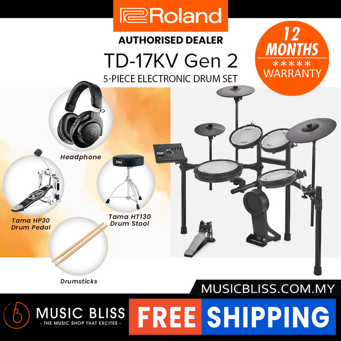 Roland TD-17KV Gen 2 V-Drums Digital Drum Electronic Drum with RH-5 Headphone, Kick Pedal, Drum Throne and Drumsticks